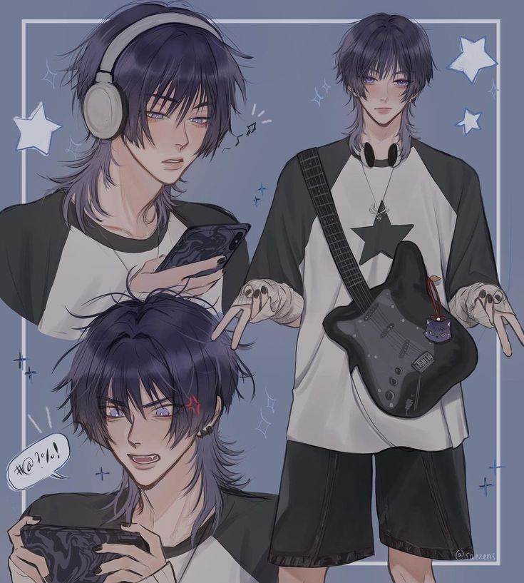 two anime guys with headphones and one holding a guitar