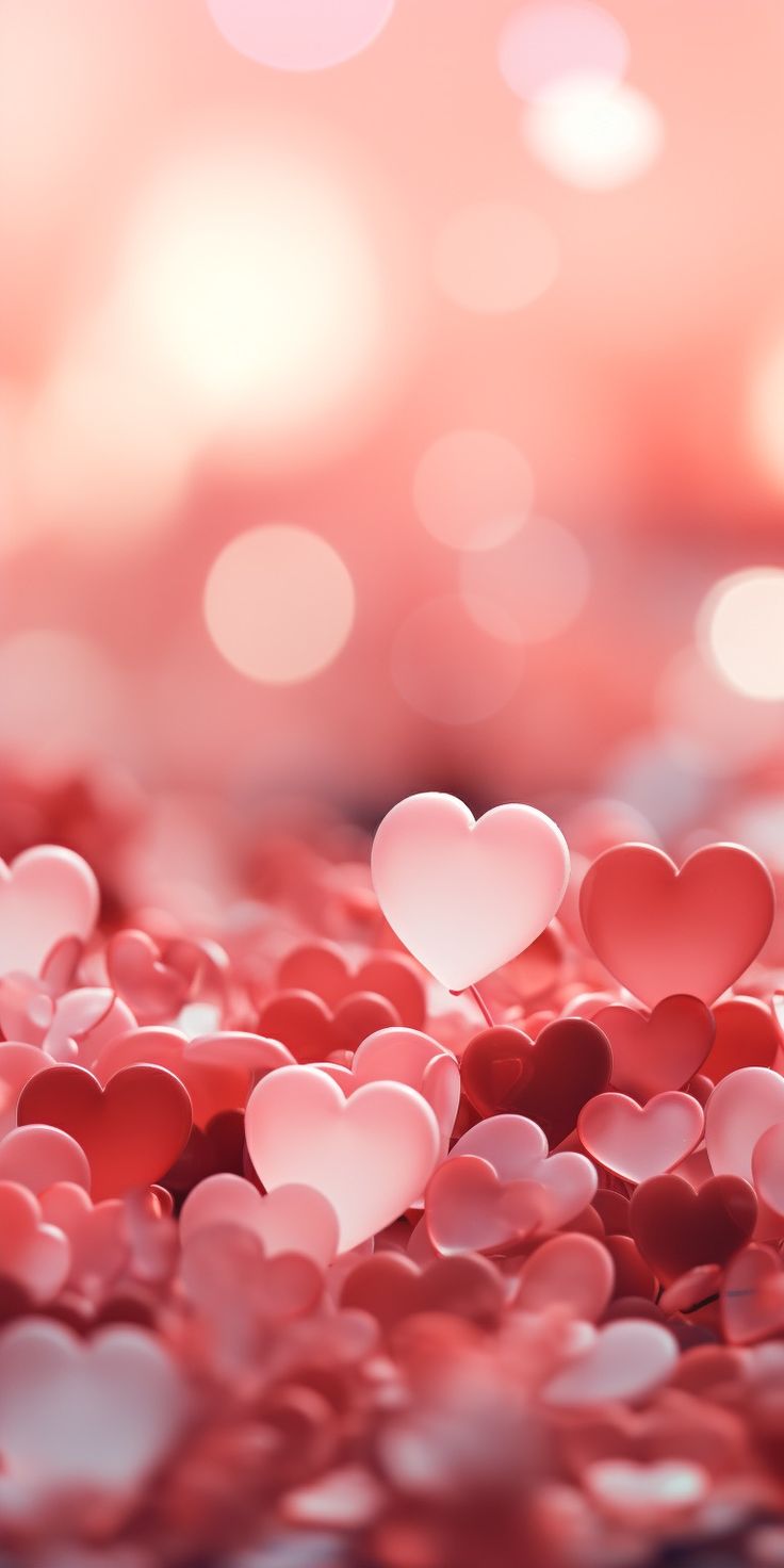 many hearts are scattered in the air on a pink and red boket background