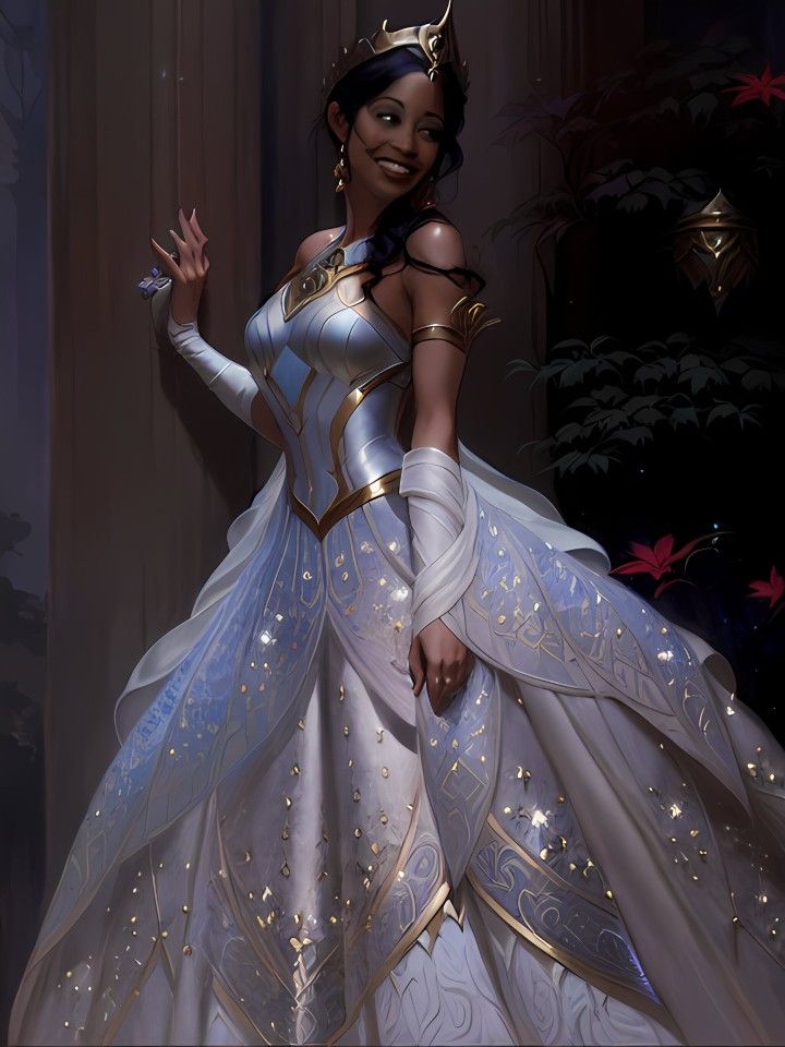 a woman dressed in a white and gold gown standing next to a christmas tree wearing a tiara