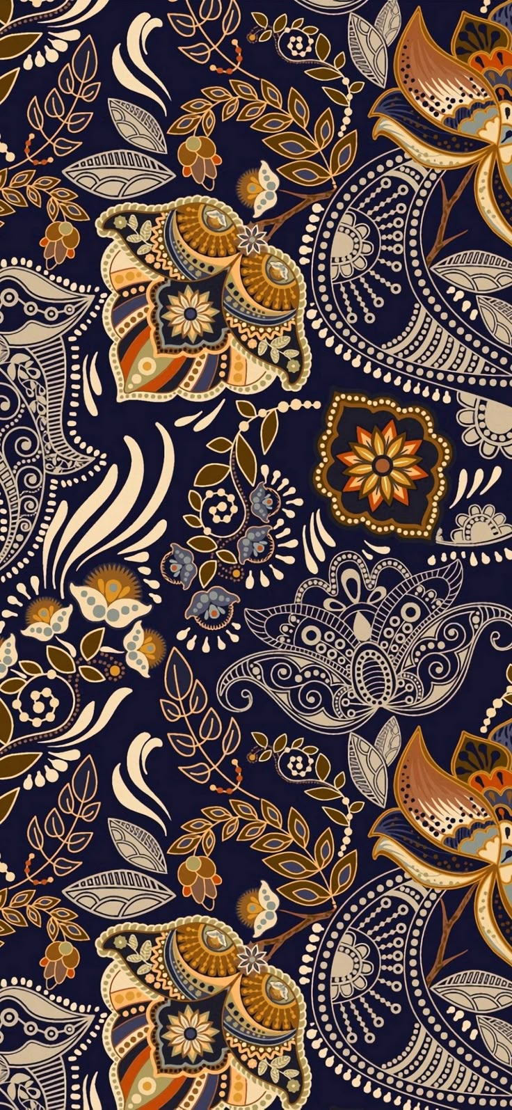 an image of a blue and gold paisley pattern with flowers, leaves and swirls