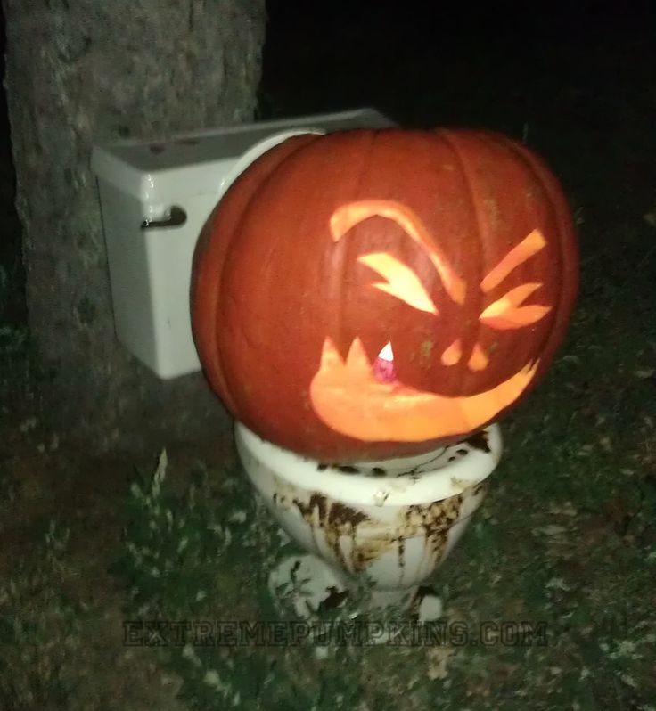 a carved pumpkin sitting on top of a toilet bowl in the grass next to a tree