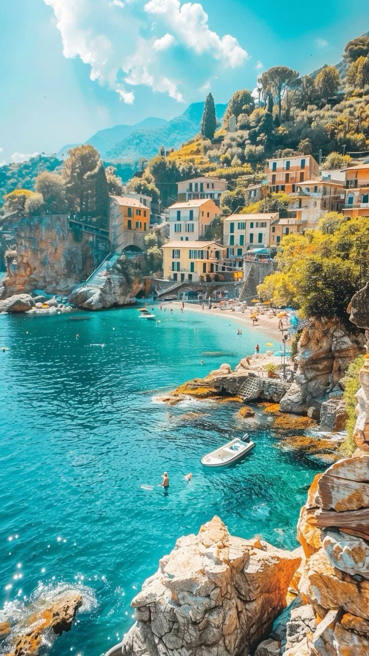 the beach is full of people and boats in the blue water, surrounded by cliffs