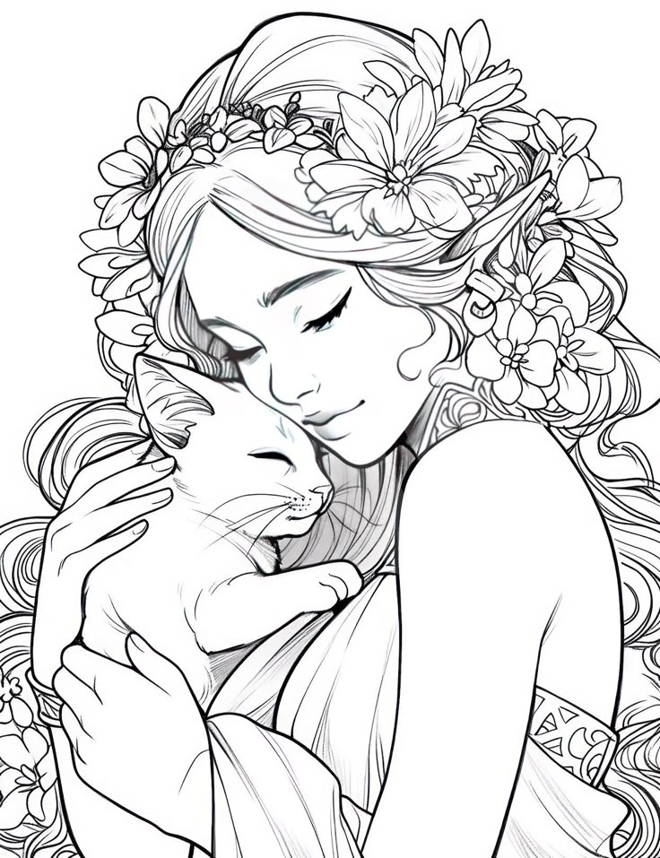 a woman holding a cat in her arms with flowers on her head and eyes closed