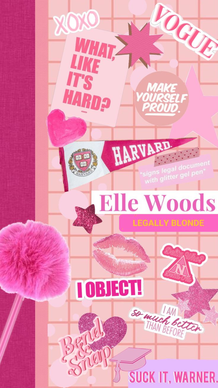 a pink poster with various stickers on it