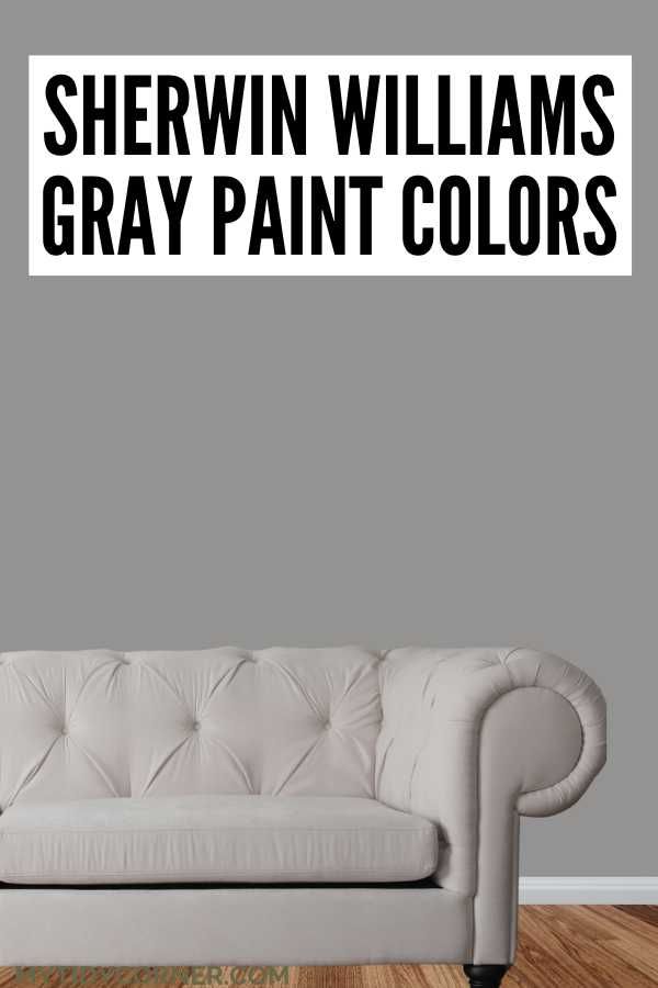 a couch sitting on top of a hard wood floor next to a wall with the words shewin williams gray paint colors