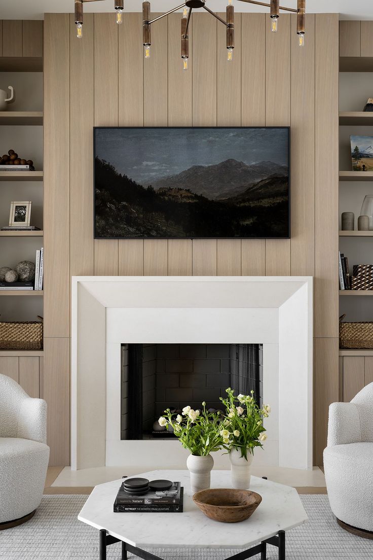 a living room filled with furniture and a fire place in front of a painting on the wall