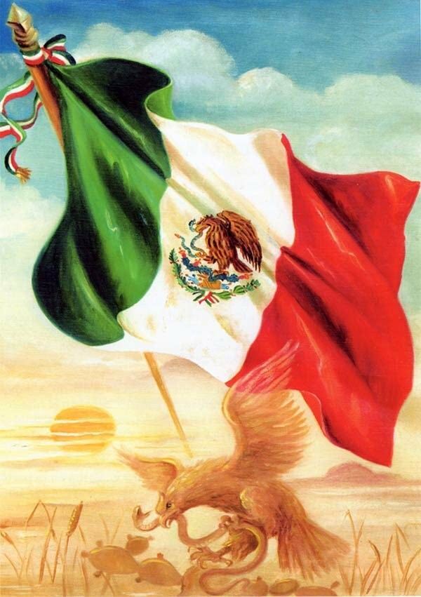 the mexican american flag and an eagle are depicted in this painting