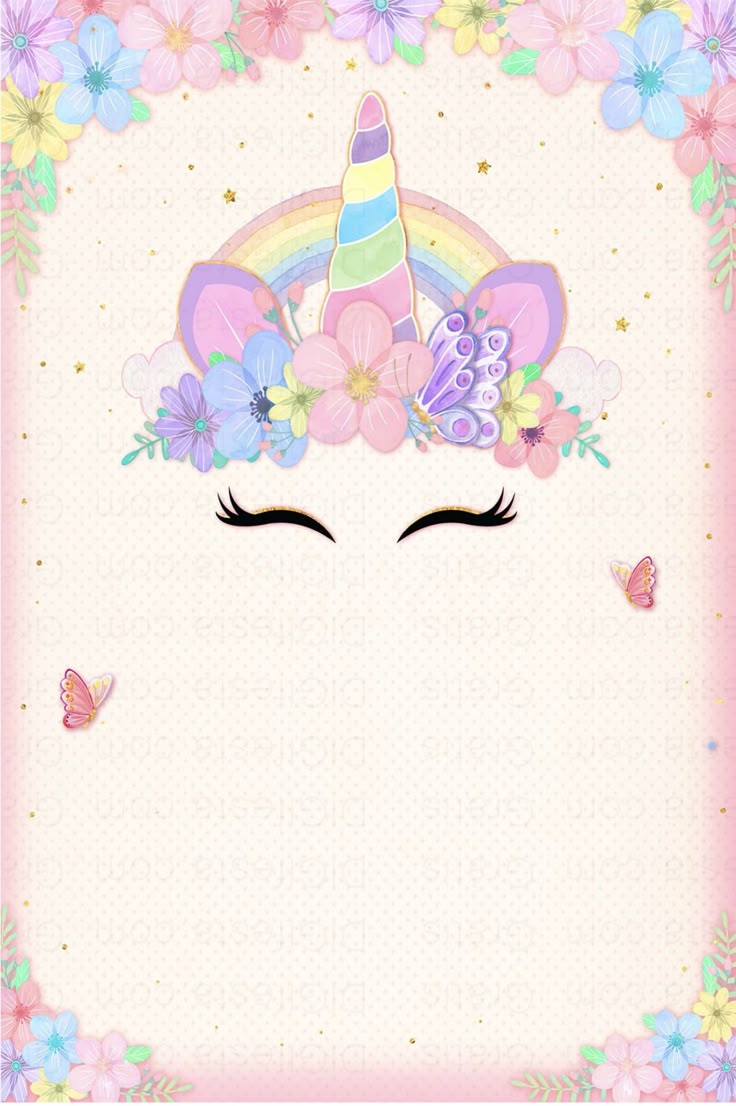 a unicorn's face with flowers and butterflies around it, in front of a pink background