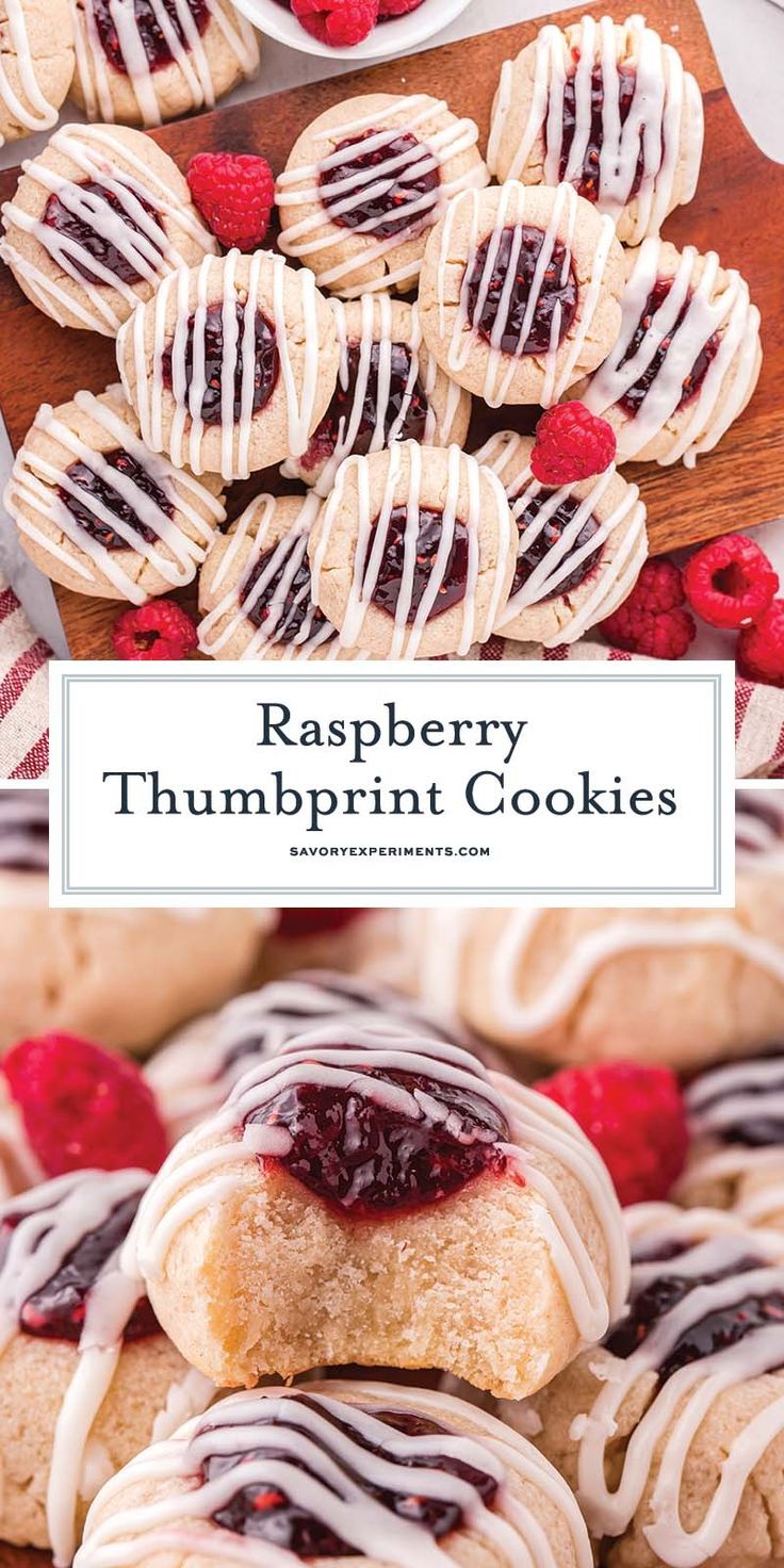 raspberry thumbprint cookies with white chocolate drizzled on top and fresh raspberries in the background