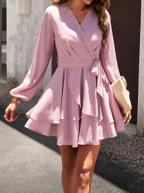 Cute Short Dresses Casual, Simple Short Dress, Short Dress With Long Sleeves, Long Sleeve Ruffle Dress, Vestidos Color Rosa, Surplice Dress, Pink Party, Dress With Long Sleeves, Weave Style