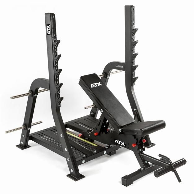 a black bench and squat machine on a white background