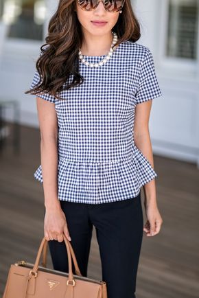 peplum top + navy pants + camel work tote = classic business casual office outfit