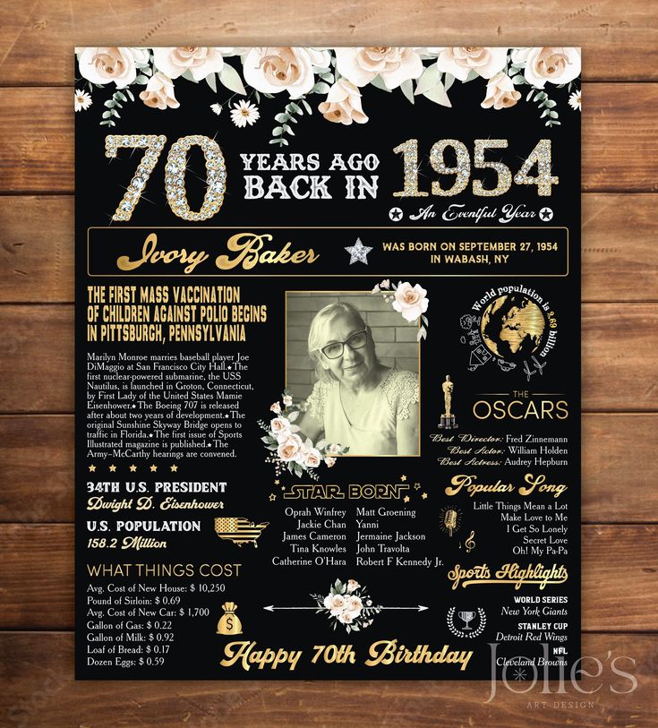 the 70th birthday poster is displayed on a wooden wall with flowers and stars around it