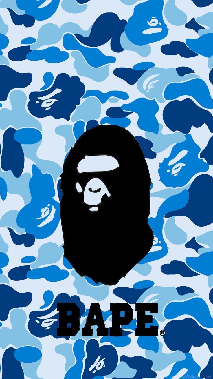 a blue and black camouflage background with a gorilla face on it's chest, the words bape in large letters