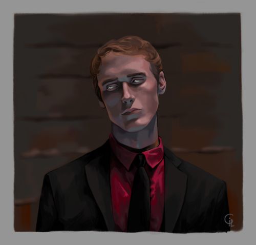 a digital painting of a man in a suit and red shirt with his eyes closed