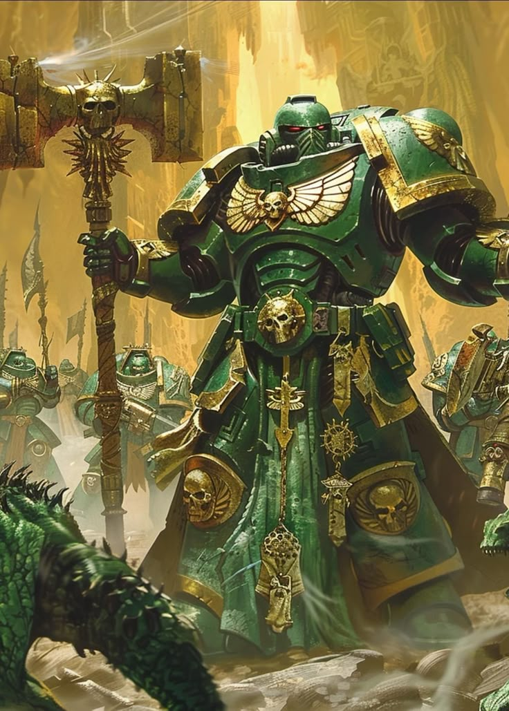 a painting of a green warhammer with two men in the background