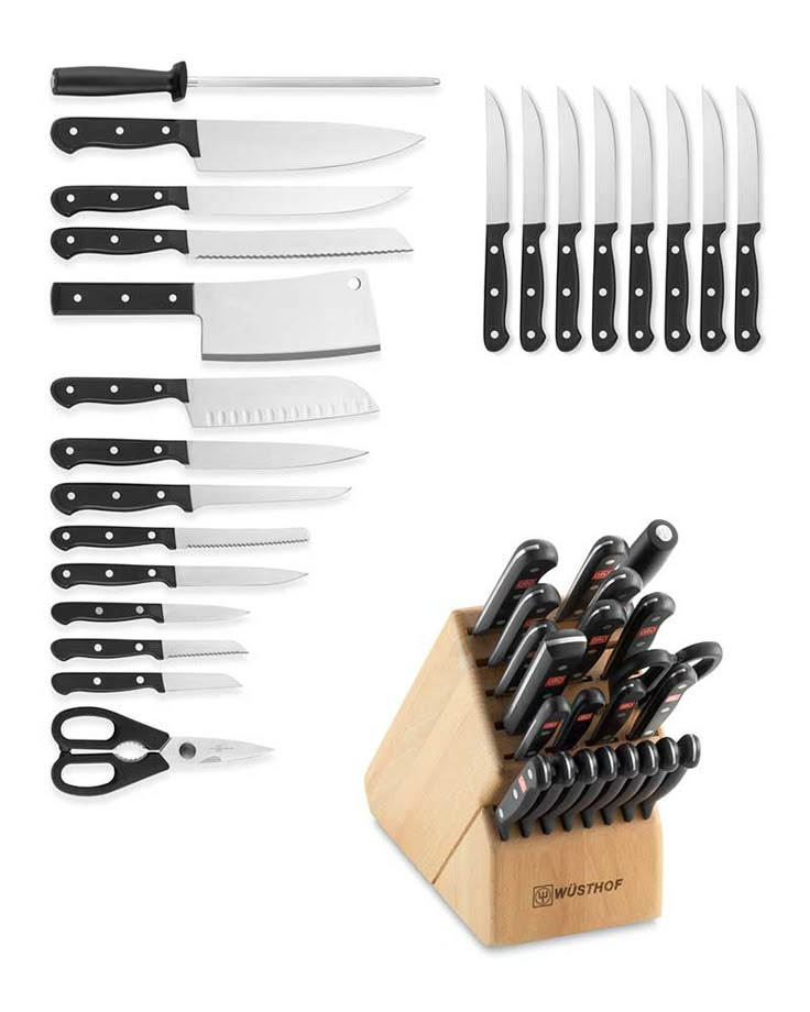 a knife holder with knives and other kitchen utensils