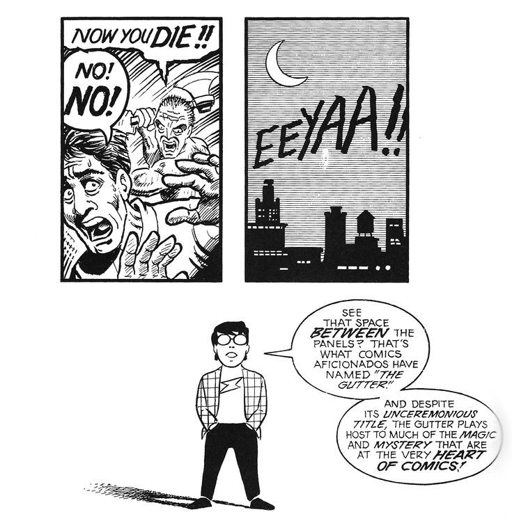 a comic strip with an image of a man standing in front of a cityscape