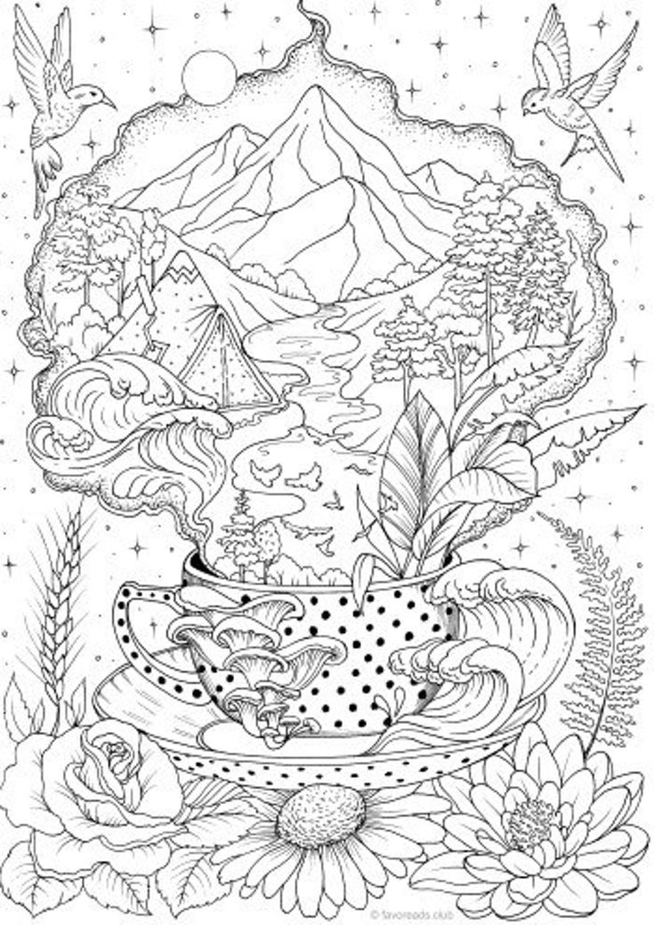 a black and white drawing of a tea cup with mountains in the background, surrounded by flowers