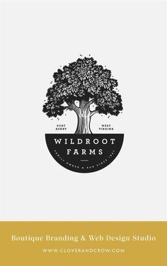 the logo for wildroot farms is shown in black and white, with an oak tree