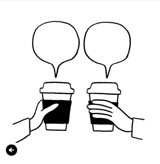 two hands holding coffee cups with speech bubbles above them