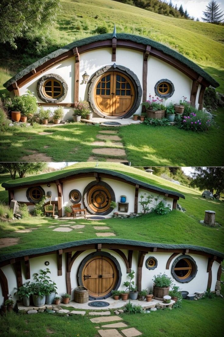 the hobbot house is made out of grass and has two windows on each side