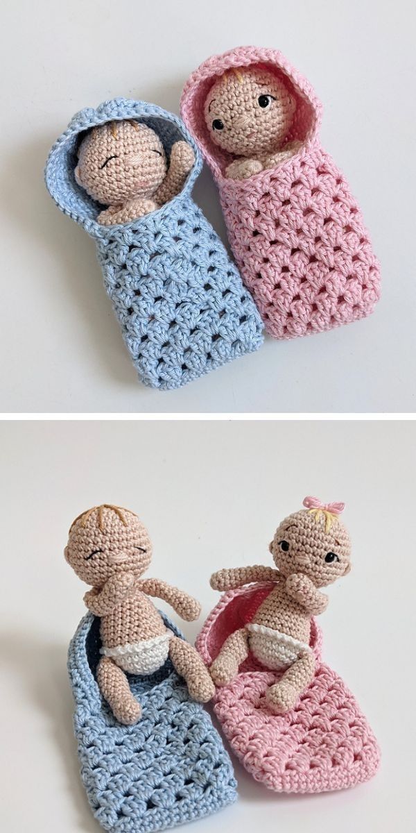 two crocheted stuffed animals sitting next to each other