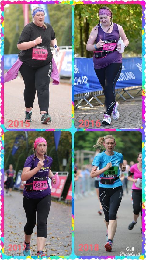 four different pictures of people running in the same race