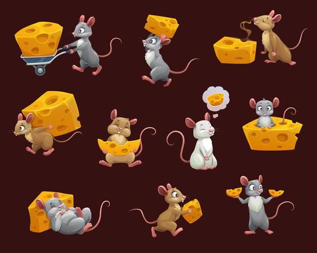 the mouses are eating cheese together on the brown background, and one is holding a piece of cheese