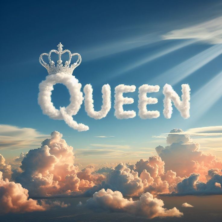 the word queen written in clouds with a crown on top