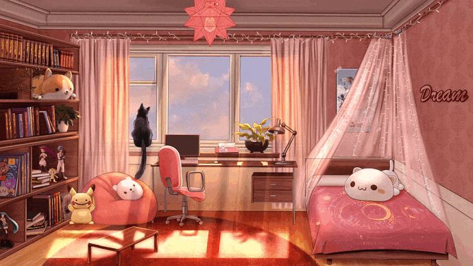 the room is decorated in pink and has two cats sitting on the chair next to the bed