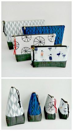 four different bags with wheels on them and one has blue, white and grey fabric