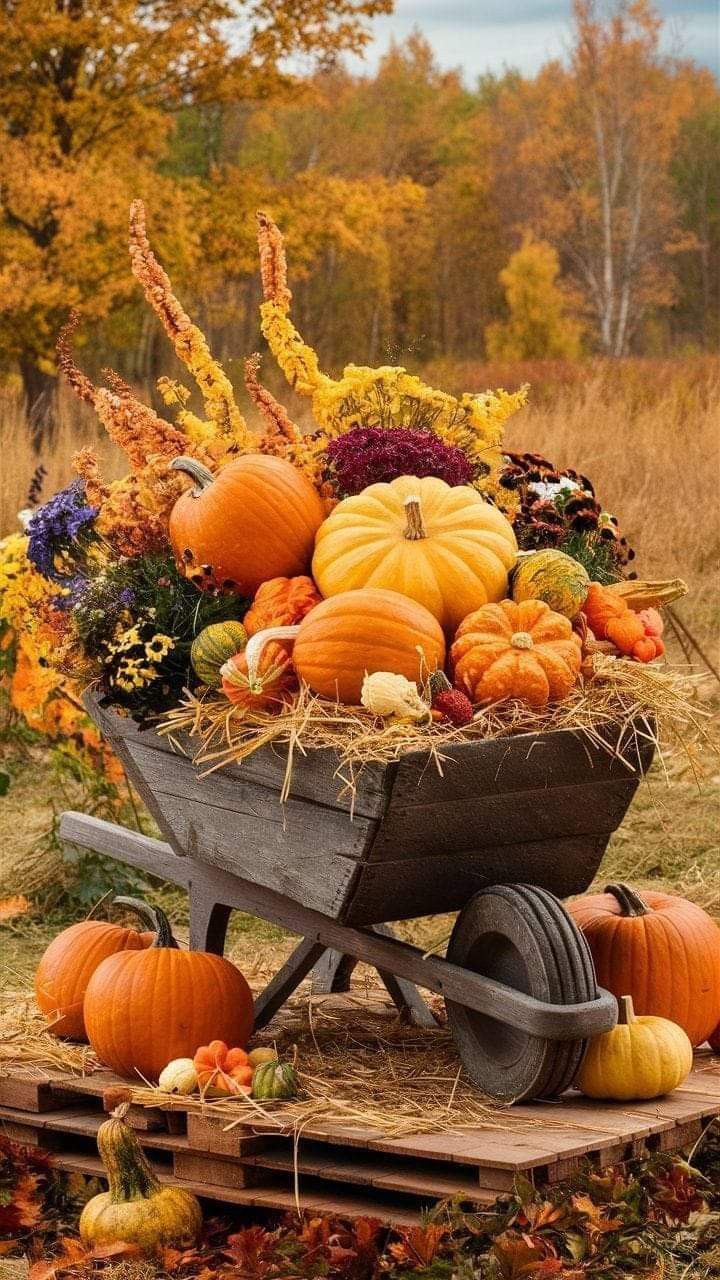 a wheelbarrow filled with lots of pumpkins and gourds in the fall