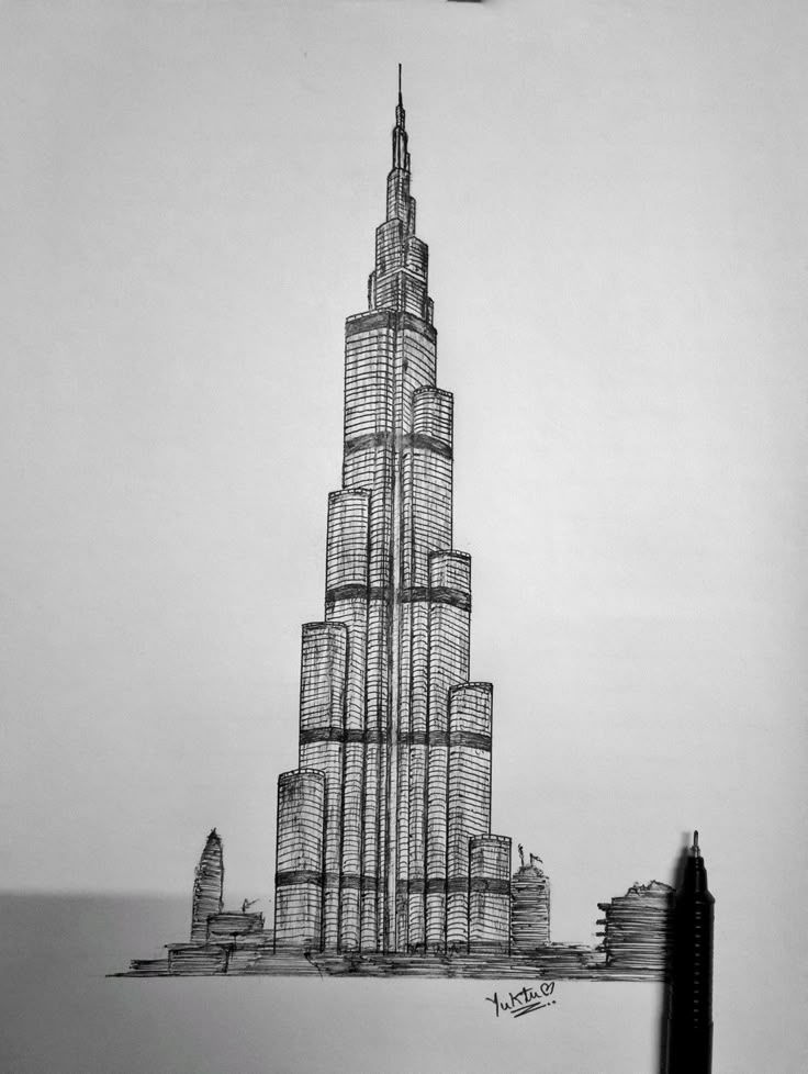 a drawing of the burjt building in new york city, with skyscrapers rising above it