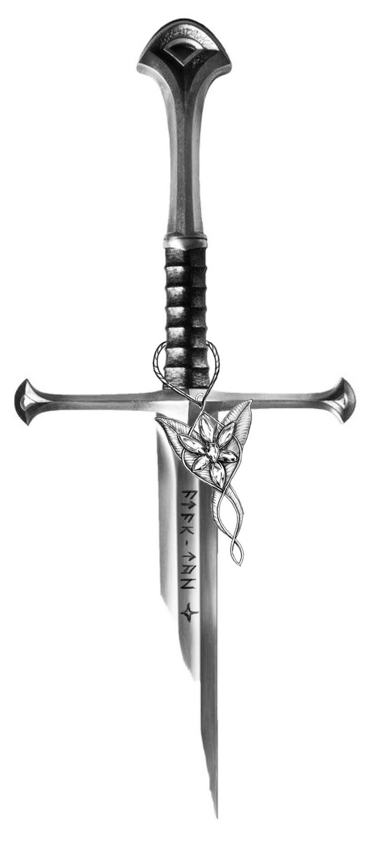 Aragorn Tattoo Ideas, Lotr Anduril Tattoo, Lotr Shards Of Narsil Tattoo, Elven Star Tattoo, Lotr Balrog Tattoo, Lotr Swords Tattoo, Lord Of The Rings Small Tattoo, Anduril Tattoo Design, The Hobbit Tattoo Ideas