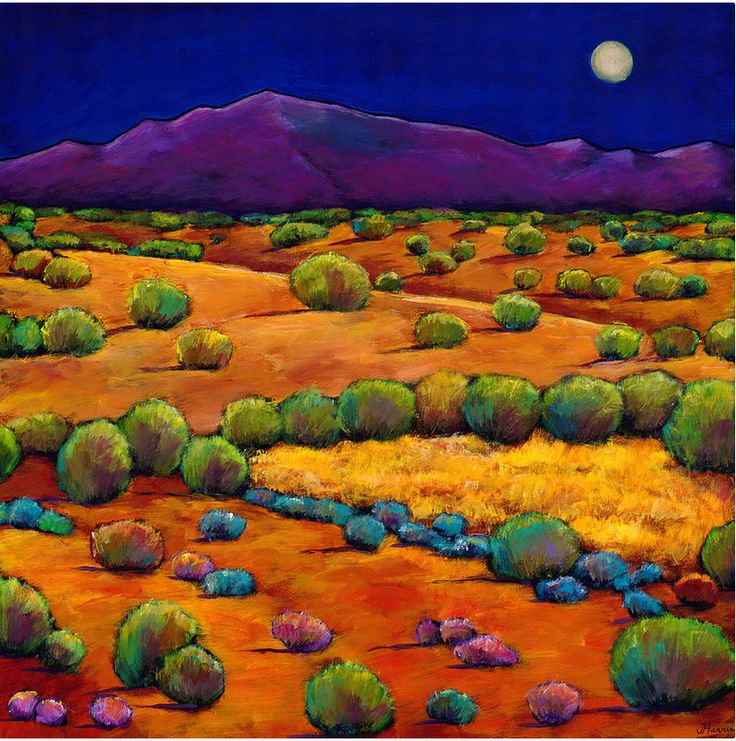 an oil painting of a desert landscape with mountains in the background and moon lit sky