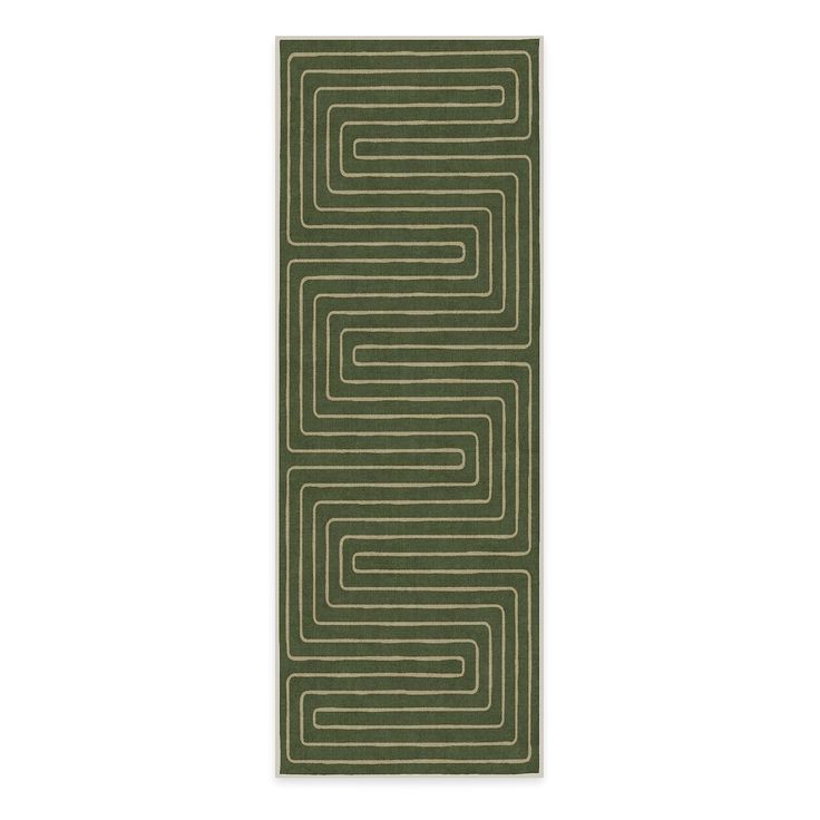 a green rug with an abstract design on the bottom, and two lines in the middle