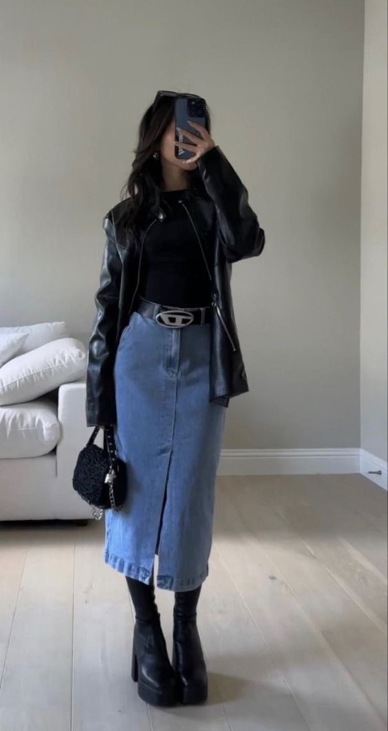 Denim Skirt Outfits, Winter Fashion Outfits Casual, Everyday Fashion Outfits, Leather Jacket Outfits, Casual Day Outfits, Quick Outfits, Stylish Dress Book, Easy Trendy Outfits, Modest Fashion Outfits