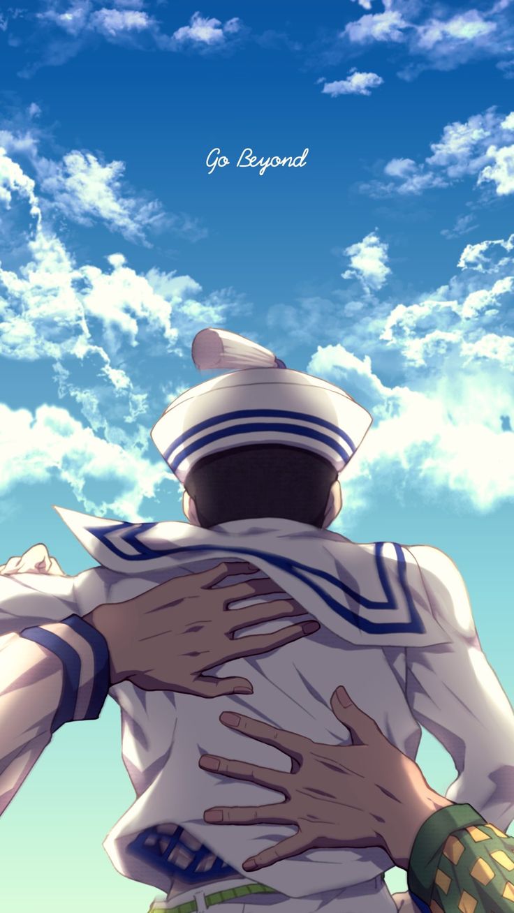 an anime character with his arms around another character's back, in front of the sky