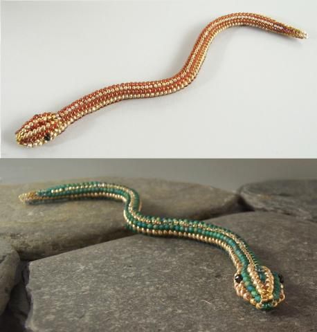 two pictures of different colored beads on rocks and one has a snake shaped beaded necklace