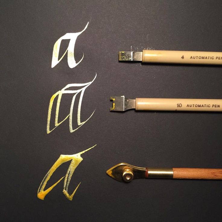 four different types of paint brushes on a black surface with gold foil and white lettering