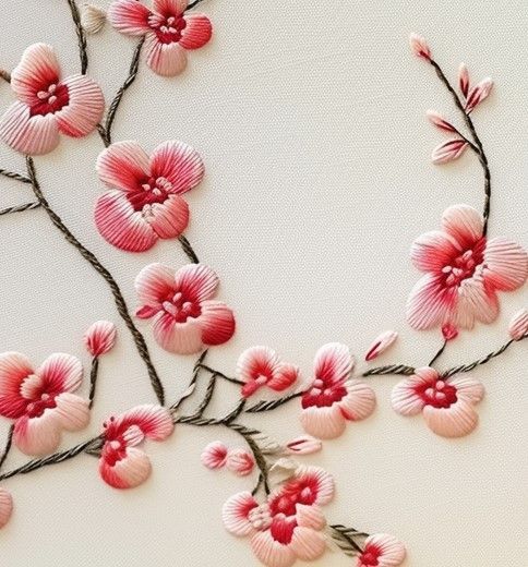 pink and white flowers are embroidered onto the side of a piece of paper with string