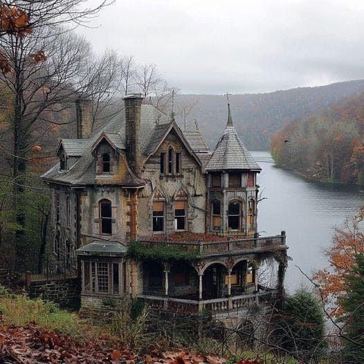 an old house sitting on top of a hill next to a lake in the woods