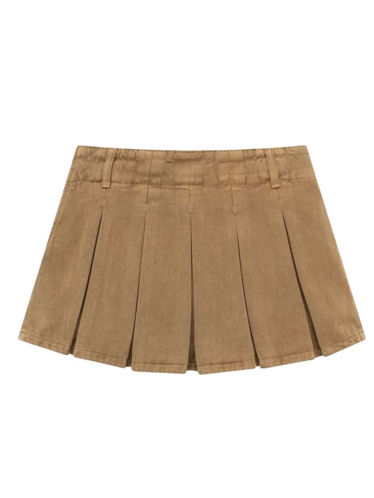 Get ready to turn heads in the Paulina Pleated Mini Skirt! This retro and casual skirt features a wide pleated design, perfect for creating a flirty and fun look. With a low waist and short inside, this skirt is all-match, making it a versatile addition to your wardrobe. Part of the Alees Fashion Streetwear Collection. Paulina Pleated Mini Skirt in Camel Retro, Casual Low Waist Wide Pleated Skirt All-Match Short Inside Alees Fashion Streetwear Collection Retro Pleated Mini Skirt For Spring, Cotton Mini Skirt With Pleated Hem, Trendy Mini Length Flowy Pleated Skirt, Trendy Flared Mini Skirt, Trendy Flared Denim Skirt, Retro Cotton Pleated Skort, Retro Pleated Cotton Skort, Brown Fitted Mini Pleated Skirt, Chic Midi Skort With Pleated Details