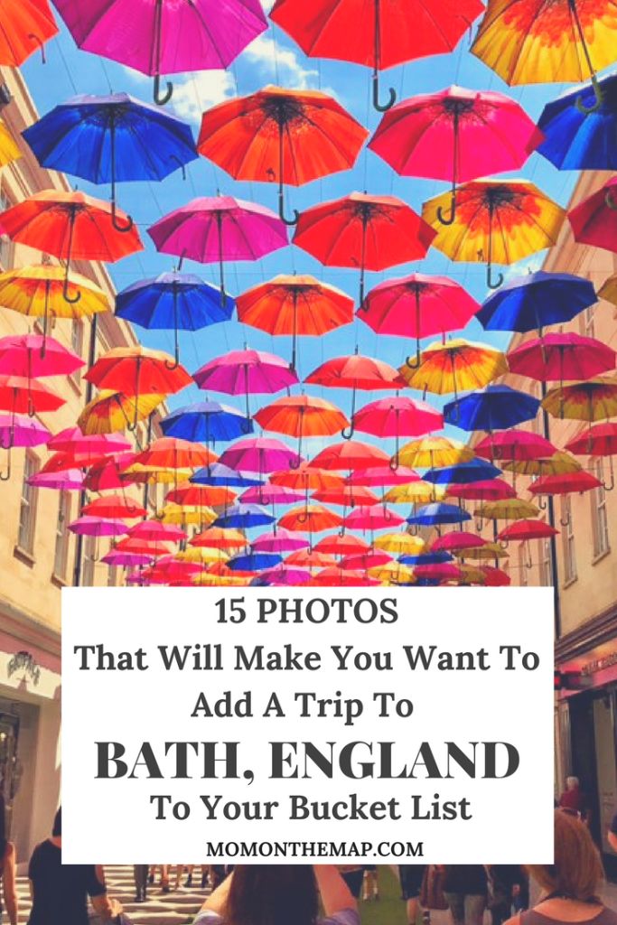 many colorful umbrellas hanging from the ceiling in a shopping mall with text overlay that reads, 15 photos that will make you want to add a trip to bath england to your bucket list