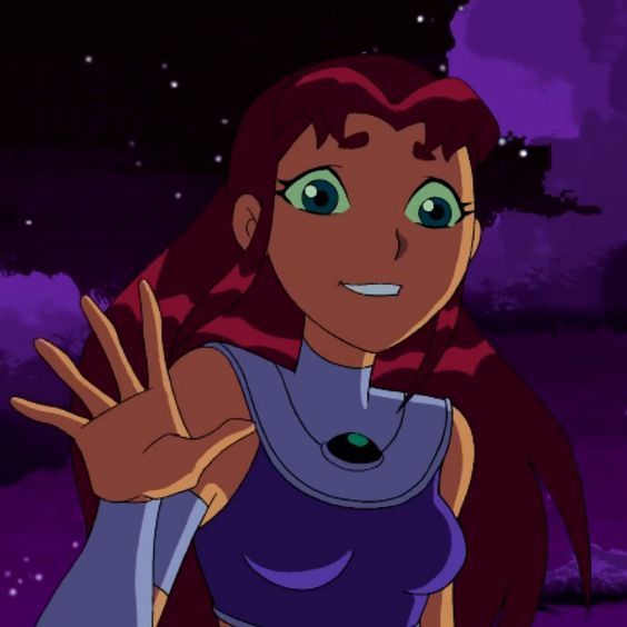 an animated image of a woman with long hair and green eyes holding her hand up in the air