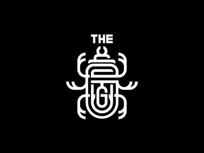 the bug logo on a black background with white letters and an insect's head