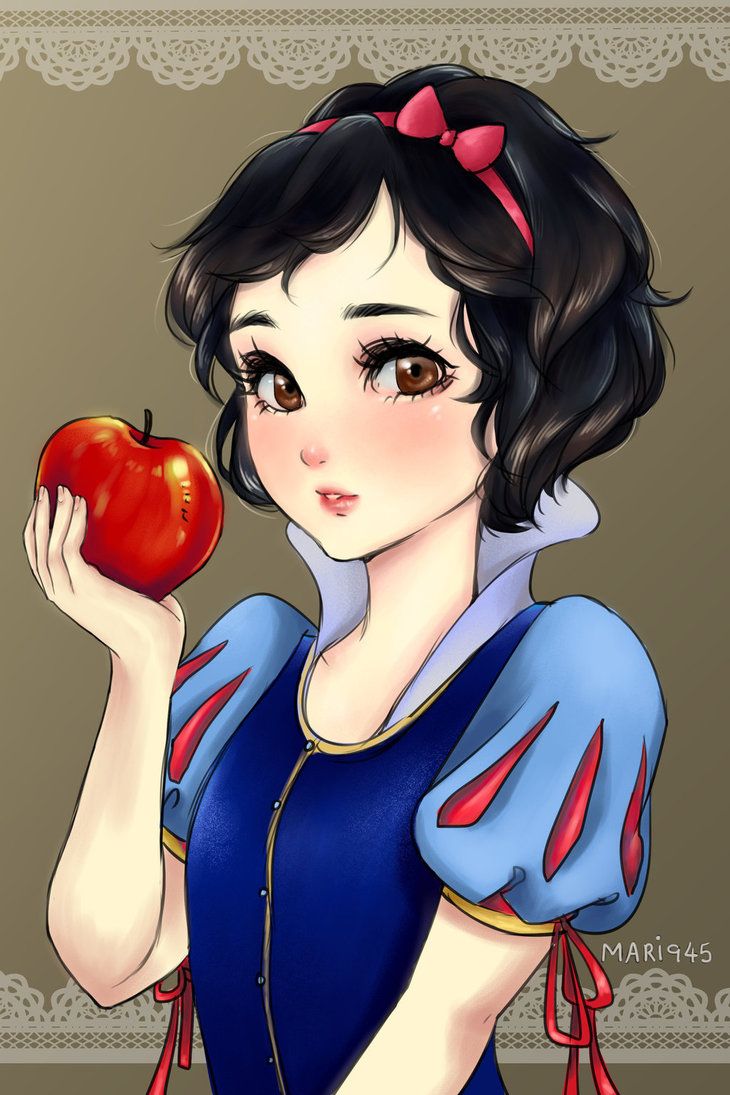 snow holding an apple in her hand and wearing a red bow on her head,