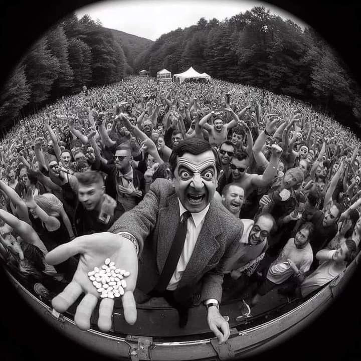 a man in a suit and tie is surrounded by many people with hands raised up