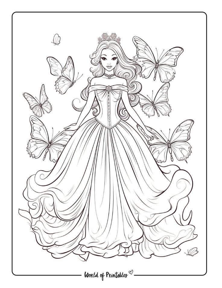 a princess with butterflies on her head and dress in the shape of a ball gown